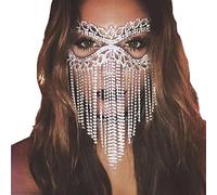 ShapeW Tassel Veil Mask Rhinestone Mask Chain Masquerade Face Mask Creative Crystal Cat Eye Fringe Mask with Elastic Band