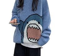 ShapeW Women Men Cartoon Shark Print Sweater Round Neck Long Sleeve Oversized Pullover Top Harajuku Hip Hop Loose Knit Jumper