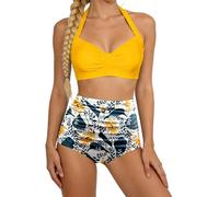 Shaping Swimsuit, Push-Up Bikini High Waist Two Piece Swimsuit Retro Printed Ruched High Waist Bikini