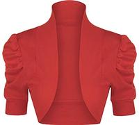Shaposh Fashion® Women's Puff Sleeve Ribbed Cropped Bolero Shrug - Ladies Plain Short Sleeve Collared Style Front Open Cardigan Crop Top (Red, 12-14)