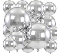Shappy 14 Pcs Silver 4D Round Foil Balloons 32" 22" 12" Different Sizes Large Round Foil Holographic Balloons for Birthday Wedding Under the Sea Mermaid Disco Party Decoration