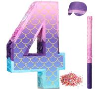 Shappy 16 Inch Mermaid Piñata Purple Number Birthday Piñata Party with Stick Blindfold Confetti for Anniversary Celebration Birthday Decoration Supplies(Number 4)