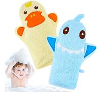 Shappy 2 Pieces Baby Bath Mitt Washcloths with Cute Animal Designs Yellow Duck Shark Cotton Towel Gentle Soft Scrub for Toddler Bath and Shower