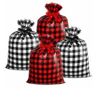 Shappy 4 Pcs Extra Christmas Large Gift Bag Sack Santa Claus XL Jumbo Plaid Bag 36 x 48 Inch Oversized Present Buffalo Red Black White Big Plastic Wrapping Drawstring Bags 16 Feet Ribbon Xmas Holiday
