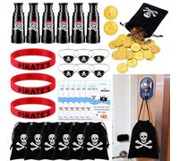 Shappy 6 Set Pirate Night Cruise Gifts Fish Extender Exchange Gifts for Cruise Pirate Silicone Bracelets, Eye Patches, Telescope, Golden Coin for Carnival Party Treasure Find Cosplay Birthday Party