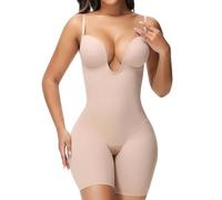 SHAPSHE Backless Shapewear Strapless Deep U Plunge Bodysuit for Women Built In Bra Tummy Control Low Back Body Shaper, Tan, Medium