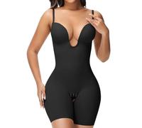 SHAPSHE Backless Shapewear Strapless Deep U Plunge Bodysuit for Women Tummy Control Built In Bra Low Back Body Shaper, Black, Medium