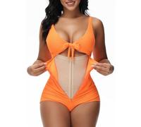 SHAPSHE Women's Swimsuit, Tummy Control, One-Piece, Slimming Swimsuit, Cutout, Tie Knot, Bikini, Push-Up Swimwear, Sunset Chevron Orange/Evening Red, L
