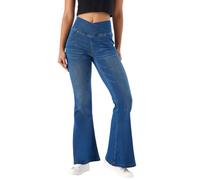 SHAPUM Wide Leg Jeans for Women Stretchy Womens High Waist Pull On Flare Jeans V Cut Crossover Wrap Waist Tummy Control Jean (UK, Alpha, M, Regular, Regular, Mid Blue)