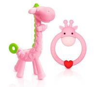 SHARE&CARE BPA Free 2 Silicone Giraffe Baby Teether Toy with Storage Case, for 3 Months Above Infant Sore Gums Pain Relief, Set of 2 Different Teething Toys (Pink)