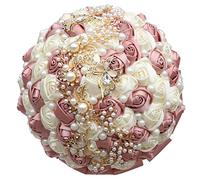 Sharebeauty 5.9 Inch Handmade Satin Rose Bridal Bouquet Toss Round Wedding Bouquet Throw Toss Artificial Flower Bunch Pastel Pink + Ivory