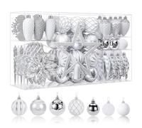 SHareconn 106pcs Christmas Baubles Ornaments Set,Shatterproof Plastic Decorative Baubles for christmas tree decorations, Holiday Wedding Party Decoration with Hooks Included, White & Silver