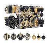 SHareconn 106pcs Christmas Baubles Ornaments Set,Shatterproof Plastic Decorative Baubles for christmas tree decorations, Holiday Wedding Party Decoration with Hooks Included, Black & Gold