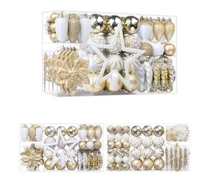 SHareconn 2025 New 106pcs Christmas Baubles Ornaments Set,Shatterproof Plastic Decorative Baubles for Christmas Tree Decorations,Champagne Gold&White