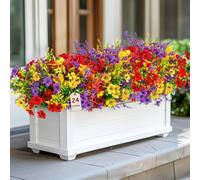 SHareconn 24 Bundles Artificial Flowers Outdoor Decor, Fake Spring Grass Violets with Lavender, UV Resistant Realistic Plants for Garden Porch Wedding Home Vase, Red/Yellow/Purple