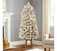 SHareconn 4FT Potted Pre Lit Snow Flocked Pencil Christmas Tree, Slim Xmas Tree with 120 Warm White Lights, 8 Light Modes, 169 Branch Tips, with 10 pine cones and berries for Home and Office Decor