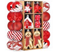 SHareconn 65pcs Red Christmas Tree Decorations Set, Shatterproof Plastic Christmas Baubles, Xmas Gingerbread Man Gift Box, Decorative Balls with Lanyards for Xmas Tree Decor Holiday Party, Red & White