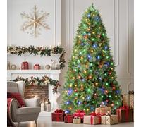 SHareconn 6ft Pre lit Premium Artificial Hinged Christmas Pine Tree with 340 Warm White & Multi-Color Lights, 12 Light Modes, 1418 Branch Tips and Foldable Metal Stand, Easy to Assemble