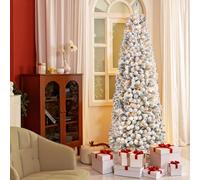 SHareconn 6ft Pre-Lit Slim Artificial Christmas Tree with 180 Warm White LED Lights, Snow Flocked Hinged PVC Branches & Metal Stand, Space Saving Pencil Xmas Tree for Home Office Decor