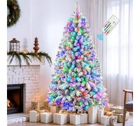 SHareconn 6FT Pre Lit Snow Flocked Spruce Artificial Christmas Tree with Remote, 330 Prelit Multi-Color RGB & Warm White Lights, Full Snowy Branch Tips for Home, Office, Party Xmas Decoration, 6 FT