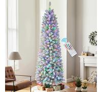 SHareconn 6ft Prelit Snow Flocked Artificial Hinged Slim Pencil Christmas Tree, with Remote Controlled Multi-Color RGBWW Lights, Full Branch Tips, Perfect Choice Decoration for Xmas Holiday, Snow
