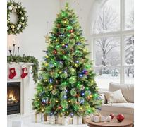 SHareconn 7.5ft Pre lit Premium Artificial Hinged Christmas Pine Tree with 470 Warm White & Multi-Color Lights, 12 Light Modes, 2063 Branch Tips and Foldable Metal Stand, Easy to Assemble