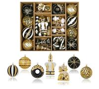 SHareconn 70pcs Personalised Black Christmas Baubles Ornaments Set, Shatterproof Plastic Baubles for Christmas Tree Decorations, Holiday Party Decoration with Pre-Hanged Strings, Black& WhiteGold