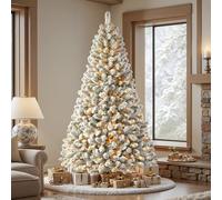Shareconn 7ft/213cm Pre-Lit Artificial Christmas Tree, Snow Flocked Xmas Tree with Foldable Metal Stand, 400 Premium LED Lights, 12 Lighting Modes, Perfect for Indoor Outdoor Christmas Decorations