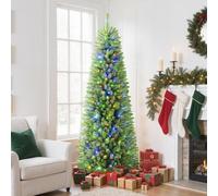 SHareconn 7ft Pencil Christmas Tree, Pencil Xmas Tree With 270 Warm White & Multicolor Lights, 740 Branches Tips and Foldable Metal Stand, Christmas Decorations for Home, Green