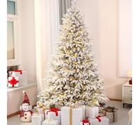 SHareconn 7ft Pre Lit Christmas Tree Snow Flocked Warm White Xmas Tree with 2250 PE&PVC Mixed Branch Tips, Artificial Christmas Tree with 8 Light Modes, 400 Warm White Lights and Foldable Stand