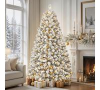 SHareconn 7ft Pre Lit Christmas Tree Snow Flocked with 13 Modes & 932 Tips | 300 Built-In Warm Lights with Timer & Memory Function, Foldable Metal Stand, Artificial Xmas Tree for Home Office Party Decor