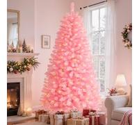 SHareconn 7ft Pre Lit Christmas Tree with 320 Warm White LED Lights, 8 Adjustable Lighting Modes, 1076 Branch Tips, Foldable Metal Stand, Artificial Christmas Trees for Home Party Decoration, Pink