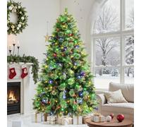 SHareconn 7ft Pre lit Premium Artificial Hinged Christmas Pine Tree with 380 Warm White & Multi-Color Lights, 12 Light Modes, 1654 Branch Tips and Foldable Metal Stand, Easy to Assemble