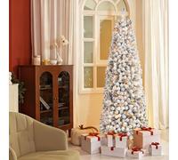 SHareconn 7ft Pre-Lit Slim Artificial Christmas Tree with 250 Warm White LED Lights, Snow Flocked Hinged PVC Branches & Metal Stand, Space Saving Pencil Xmas Tree for Home Office Decor