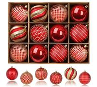 SHareconn 80mm Christmas Baubles,12PCS Colored Shatterproof Plastic Decorative Hanging Tree Decorations Baubles Set for Xmas Tree Decor Holiday Party Wedding Decoration with lanyard,Red & Gold