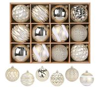SHareconn 80mm Christmas Baubles,12PCS Colored Shatterproof Plastic Decorative Hanging Tree Decorations Baubles Set for Xmas Tree Decor Holiday Party Wedding Decoration with lanyard,Gold & White