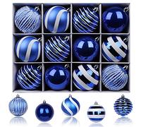 SHareconn 80mm Christmas Baubles,12PCS Colored Shatterproof Plastic Decorative Hanging Tree Decorations Baubles Set for Xmas Tree Decor Holiday Party Wedding Decoration with lanyard,Blue & White