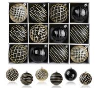 SHareconn 80mm Christmas Baubles,12PCS Colored Shatterproof Plastic Decorative Hanging Tree Decorations Baubles Set for Xmas Tree Decor Holiday Party Wedding Decoration with lanyard, Black & Gold