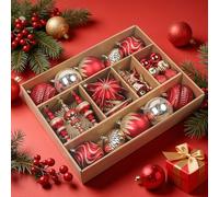 SHareconn 80pcs 4-12.5cm Christmas Baubles Set, Shatterproof Plastic Gold Baubles for Christmas Tree Decorations, Holiday Party Decorations, with Hanging String, Red Gold