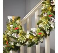 SHareconn 9FT(2.7M) Pre-Lit Artificial Christmas Garland, with Red Berries and Pine Cones, with Warm White & Multi-Color Lights with Timer Function, for Christmas Stairs and Christmas Fireplace, Snow