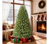 SHareconn 9ft Christmas Tree, Pre Lit Christmas Tree with 1699 Branches, 570 LED Warm White Lights, 8 Light Modes. Indoor or Outdoor Xmas Tree with Foldable Metal Stand, 9FT