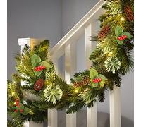 SHareconn 9FT Pre-Lit Artificial Christmas Garland,with Red Berries and Pine Cones,with Warm white and Multi-Color Lights & Timer Function, for Xmas Decoration, Green