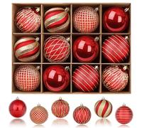 SHareconn Christmas Tree Baubles 80mm,12pcs Shatterproof Decorative Hanging Decorations Balls Set for Holiday Party Wedding, Pre-Hanged Strings, Red & Gold