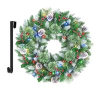SHareconn Christmas Wreath 60 cm/24 Inch for Door/Wall/Windows, Large Artificial Christmas Wreath with 15" Hanger, Mul-Color Lights, Pine Cones and Red Berries for Xmas Decorations