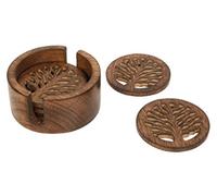 Shared Earth Fair Trade Hand Carved Tree Of Life Mango Wood 6 Coaster Set