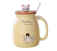 Sharemee - Ceramic Mug, Cute Cat Mug for Coffee, Kawaii Cat Cup with Lid and Stainless Steel Spoon, Coffee and Milk Mug for Birthday, Yellow, 450ML/15OZ