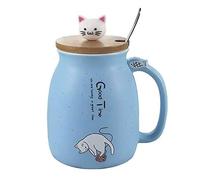 Sharemee - Ceramic Mug, Cute Cat Mug for Coffee, Kawaii Cat Cup with Lid and Stainless Steel Spoon, Coffee and Milk Mug for Birthday, Blue, 450ML/15OZ