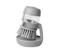 Sharharge Pressing Cleaning Brush with Holder, Soap Dispensing Palm Brush, Multifunctional Kitchen Dish Brush with Handle, Soap Dispensing Brush with Drip Tray for Dish Pot Pan Sink Cleaning (Gray)