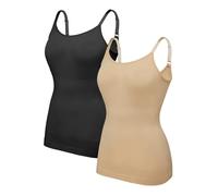 SHARICCA Cami Tank Top for Women Compression Tummy Control & Back Support Shapewear Top Basic Scoop Neck Shaping Vest Seamless Slimming Camisole with Spaghetti Straps,Black/Nude,Large