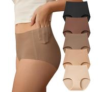 SHARICCA Seamless High Waisted Underwear for Women No Show Full Coverage Panties Nuage Microfiber Briefs Pack, 5p - Soft Browns & Nudes, L
